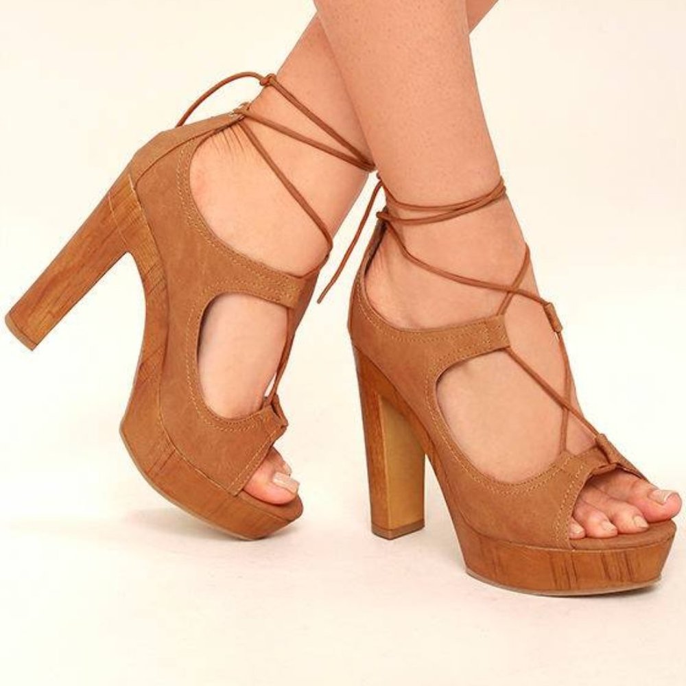 Lulu's Margo Camel Lace-Up Platform Heels